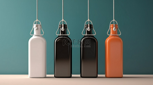 促销标签背景图片_用于空白瓶上品牌设计的弹出颈挂促销标签的 3D 渲染