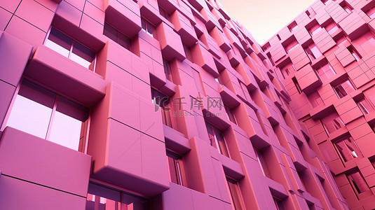马赛克背景背景图片_具有块图案 3D 渲染的抽象粉红色几何建筑中的现代建筑立面设计