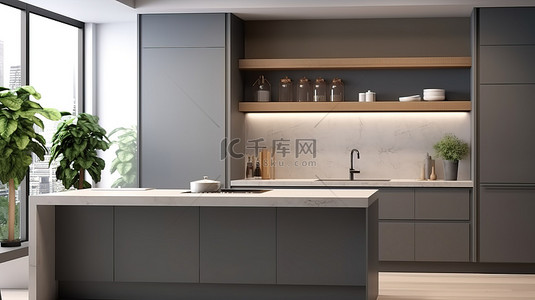 现代厨房设计，配有时尚的台面和优雅的灰色橱柜 3D 图像