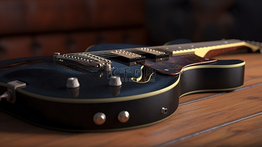 时代背景图片_木桌上令人惊叹的复古时代黑色电吉他，以 3D 技术精心制作