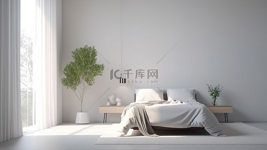 3D 插图中自然光线充足的时尚卧室