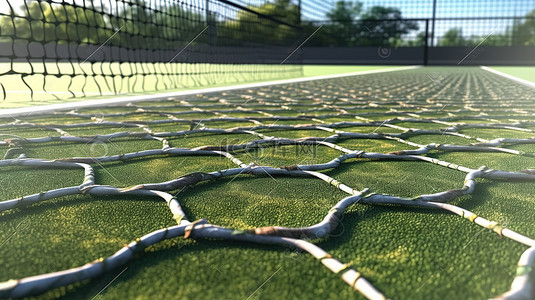3D 渲染的草地球场，带有网和清晰的白色网球标记