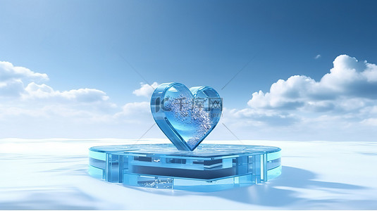 冰心协力背景图片_蓝色讲台与冰心悬浮在天空 3D 插图