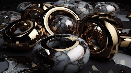 金圆圈背景图片_抽象 3D 元素金属圆圈大理石和金属表面呈现