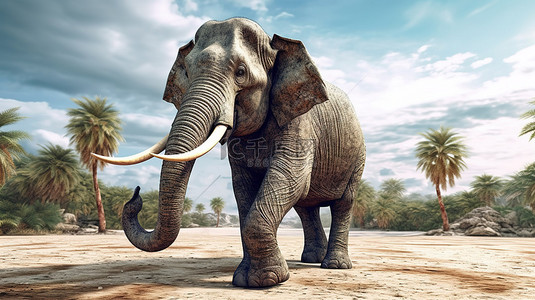 小尾巴背景图片_令人惊叹的 3D 插图中的巨型亚洲象