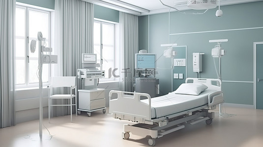 医院药物背景图片_带床和呼吸机的医院房间 3D 渲染内部用于康复或住院护理