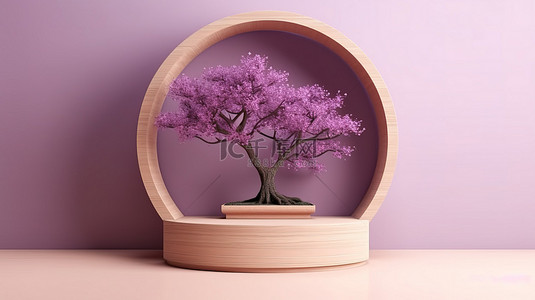 窗户台背景图片_带圆形窗户和紫叶树的木制产品展示的简约风格 3D 渲染
