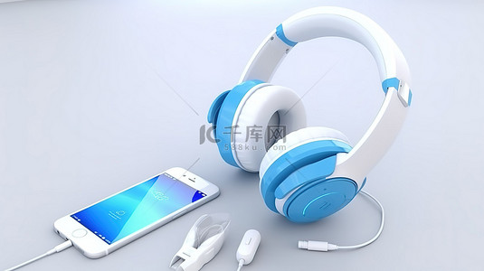带有蓝色耳机和音符符号的旋律 3d 渲染白屏智能手机