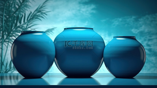 在 3d 渲染中具有三个花盆和花瓶的抽象蓝色背景