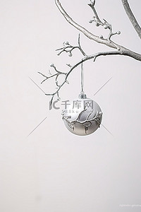 冬天的树枝背景图片_挂在树枝上的银色装饰品