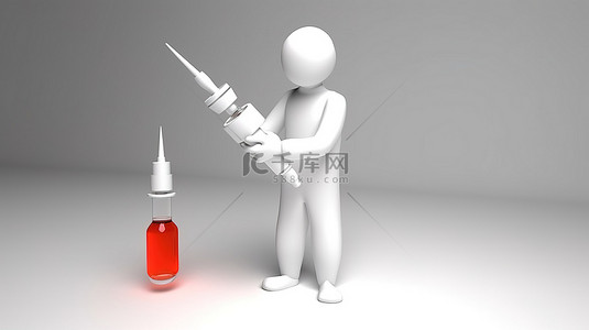 白色制服背景图片_3d 微型医生在白色站立与注射器