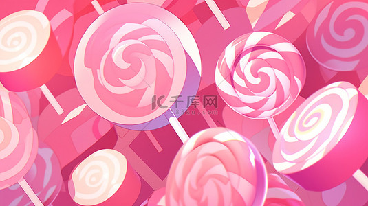 粉红色径向条纹图案背景与 3d 渲染卡通棒棒糖