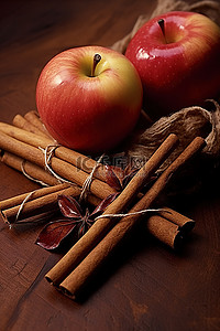 肉桂苹果背景图片_一个苹果，一根肉桂棒和一些叶子