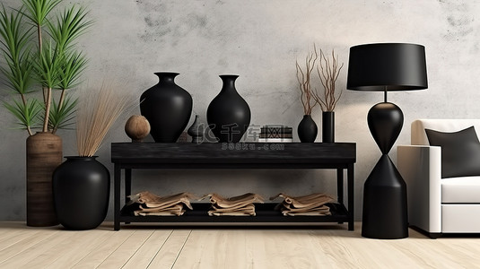 时尚的日本风格客厅配有低矮的黑色台灯别致的灯装饰花瓶和 3D 渲染的现代装饰