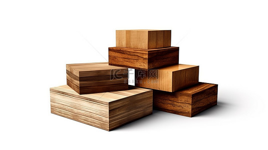 实木堆放背景图片_白色背景上呈现的 3D 渲染中的实木盒子