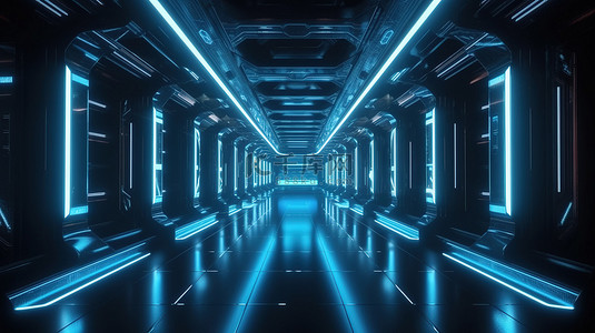 3d 渲染太空飞船中的未来派科幻插图霓虹灯发光的蓝色走廊