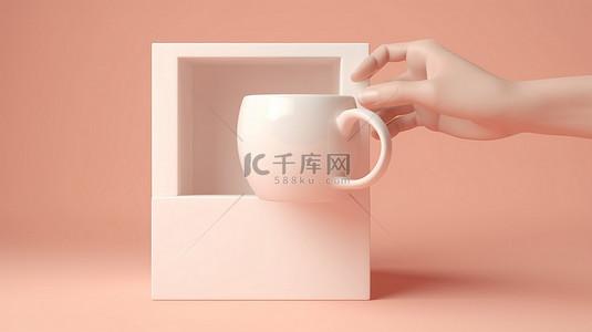 装满白色 3d 的桃色盒子在柔和的背景下呈现手持瓷杯