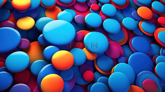 充满活力的蓝色氛围中活泼的圆形形式 3D 艺术抽象