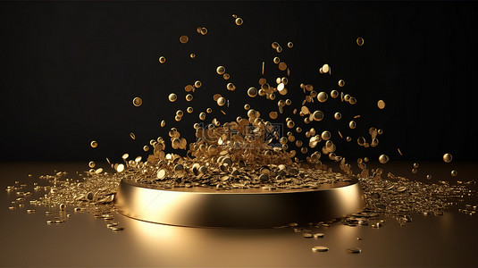 展台设计背景图片_带有五彩纸屑的金色金属展示架的 3D 渲染，用于产品促销和营销