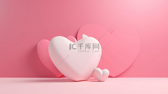 情人节 3D 渲染亮粉色背景上的白色心形