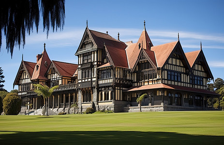 草地新西兰背景图片_一座巨大的华丽城堡坐落在草地上