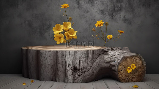金色花朵 3d 树壁画壁纸与灰色背景上的棕色树桩