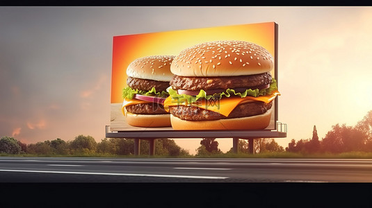 高速公路汉堡广告牌样机的 3D 渲染