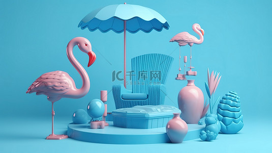 充气雨伞背景图片_产品展示夏季主题3D讲台展示沙滩椅雨伞充气蓝色火烈鸟和游泳池