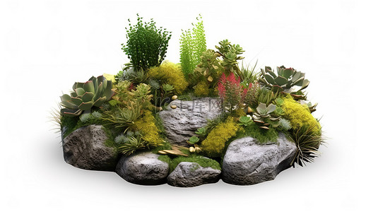 园林景观效果图背景图片_郁郁葱葱的植物中的岩石切口非常适合景观设计，带有剪贴蒙版，可轻松构图 3D 渲染
