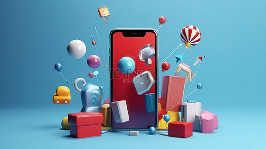 3D 渲染数字营销概念与浮动手机和购物物品，以便在蓝色背景下在智能手机上方便地在线购物