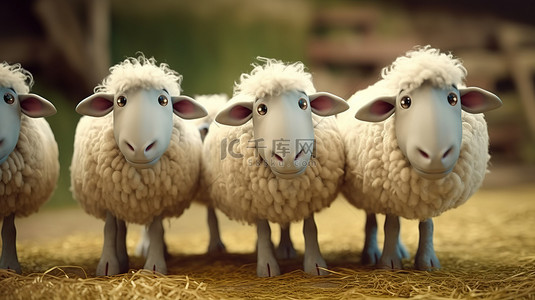 可爱动物园卡通背景图片_3d 渲染中异想天开的羊群
