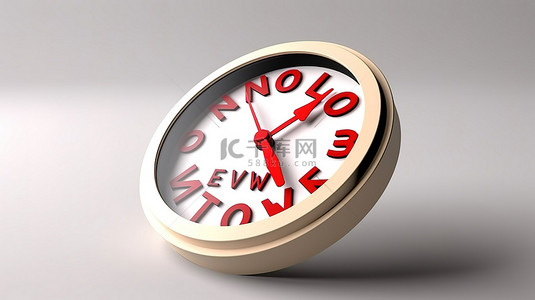 现代办公环境中的现代圆形时钟，在白色背景上以 3D 形式呈现“现在是时候”消息