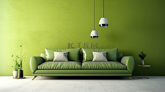 现代绿色沙发装饰 3D 渲染的客厅内部
