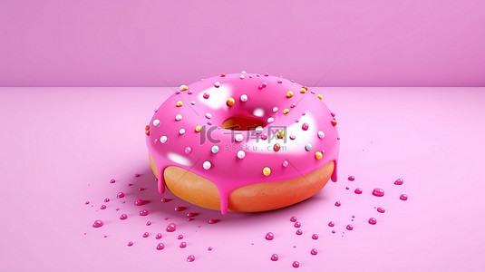 吃蛋糕吃蛋糕背景图片_孤立的粉红色甜甜圈特写漂浮在粉红色背景 3D 渲染上