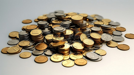 孤立的成堆现金和硬币的 3d 渲染