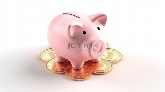 粉红色存钱罐的渲染 3D 图像搭配白色背景上闪闪发光的金色忠诚奖金硬币