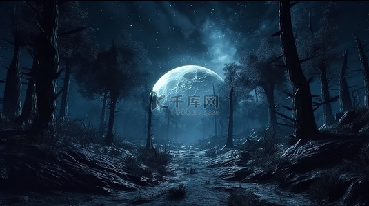 带有月亮和星星的黑夜星球上森林景观的 3D 插图