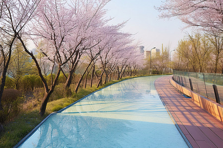 春天江景背景图片_公园樱桃树旁的蓝色走道
