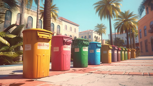 无人居住的城市环境中充满活力的回收箱，里面装着五彩垃圾，增强了 3D 特写可视化效果
