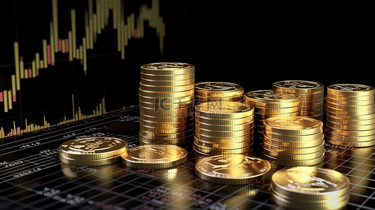 金钱管理背景图片_金融投资概念交易图和一堆金币的 3D 插图