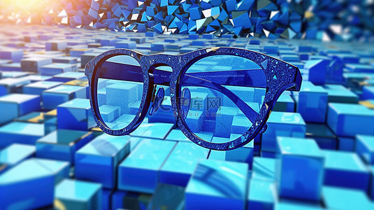 眼镜形状背景图片_围绕蓝色太阳镜的 3D 渲染几何形状