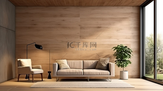 现代而温馨的客厅，配有 ​​3D 渲染的木墙纹理背景