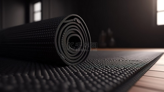 光滑黑色 3D 渲染中的落地式瑜伽垫