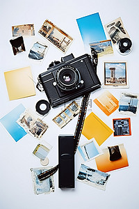 很多吃的背景图片_白色背景上有很多物品的旧相机