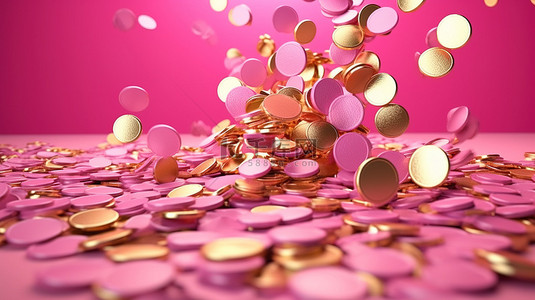 粉红色壁纸背景图片_财富和繁荣以金币掉落为象征，时尚的 3D 渲染插图在充满活力的粉红色壁纸上