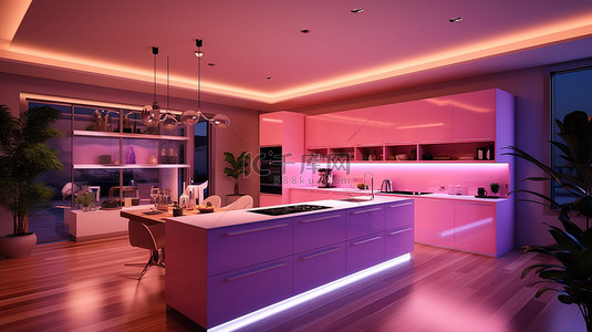 现代家居室内装饰，带有玫瑰色厨房的夜间氛围和 3D 渲染的人工照明