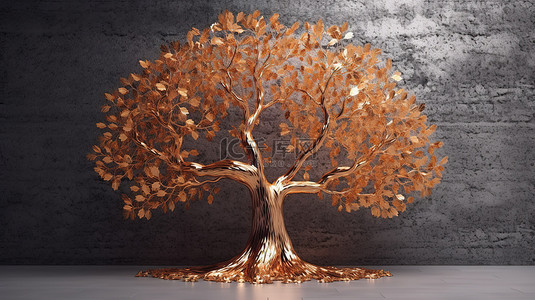 灰色墙壁上的 3D 渲染抽象树，带有铜和金色口音