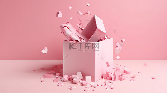 情人节粉背景图片_最小的 3D 粉色礼品盒，柔和的背景上有丝带，非常适合情人节销售