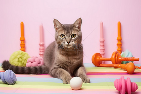 一只猫猫背景图片_一只灰猫坐在粉色垫子上，上面放着彩色玩具