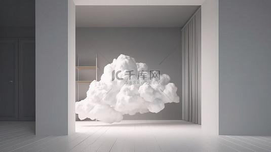 简约的房间，白色蓬松的云在悬浮的 3D 渲染矩形框架中飞翔